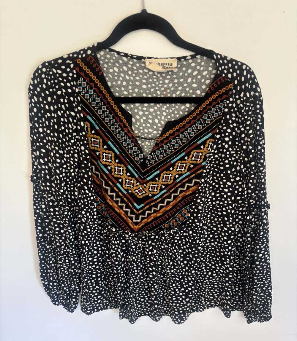 Savanna Jane Black and White Polka Dot Embroidered Long Sleeve Blouse Size 1X